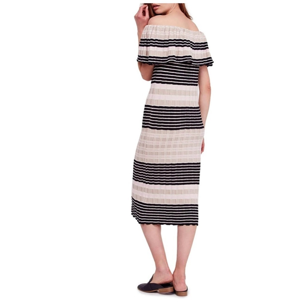 New Free People Womens Off Duty Off-Shoulder Dress, Pink black white stripe knit - Picture 3 of 10